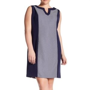 Contrast Paneled Sheath Dress, Navy and White comb